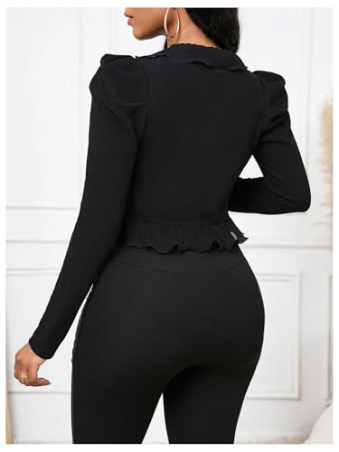 GORGLITTER Women's Ruffle Cropped Blazer Jacket Business Casual Open Front Puff Long Sleeve Bolero Jackets2