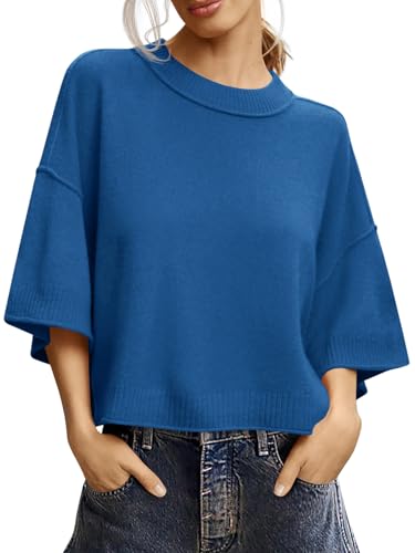 Image of Saodimallsu Womens Short Sleeve Sweater Summer Oversized Cropped Sweaters Casual Crewneck Lightweight Knit Tops