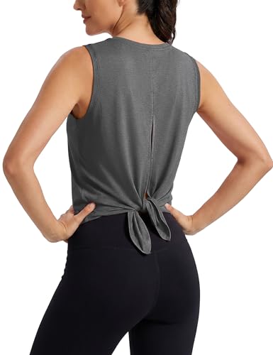 Image of MAGCOMSEN Workout Tank Tops Woman Summer Open Back Yoga Athletic Shirts Sleeveless Tie Back Loose Fit Gym Muscle Tank