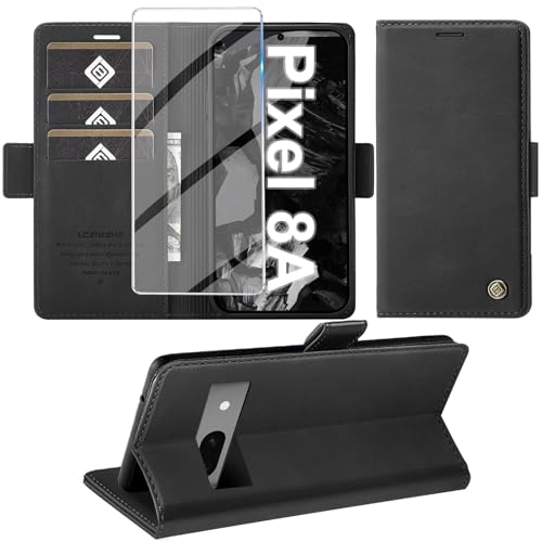 Giyer für Google Pixel 8A Hülle mit Bildschirmschutzfolie, Handyhülle Pixel 8A 5G Premium Leder Wallet Klapphülle Standfunktion Kartenfach Schutzhülle für Google 8A Lederhülle Flip Hülle Cover (Schwarz)