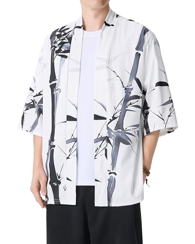 Image of PRIJOUHE Men's Lightweight Kimono Jacket Seven Sleeve Open Front Cardigan Coat Japanese Style Bathrobe