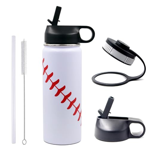 18 oz Baseball Water Bottle, Sports Flask Metal Travel Tumbler with 2 Lids, Stainless Steel Double Wall Vacuum Insulated Leak Proof Thermo Water Bottles, Baseball Accessories Gifts for Mom Boys Girls