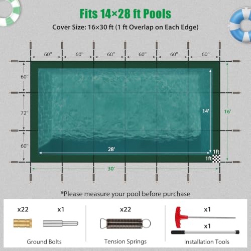 Inground Pool Cover Safety Fits 14x28ft Rectangle Swimming Pool, Mesh Solid Pool Cover for Inground Pools,Winter Pool Safety Cover Includes Safety Net and Installation Tools Green by CIDNN - Used condition - Image 2