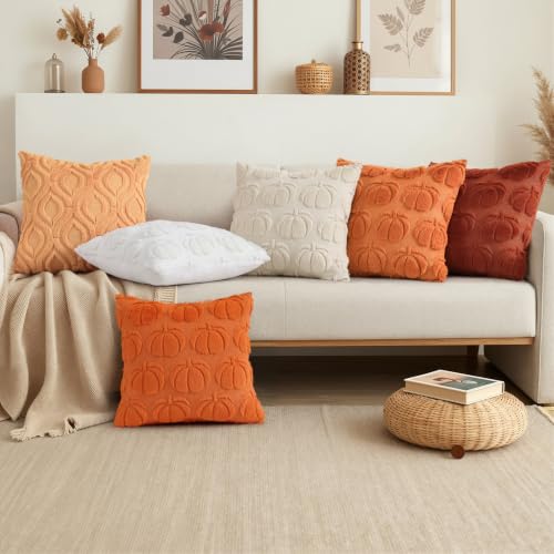 Image of decorUhome Fall Throw Pillow Covers 18x18 Inch Set of 2, Soft Plush Faux Wool Light Orange Solid Couch Pillow Covers, Accent Farmhouse Neutral Square Pillow Cases for Sofa Bed Living Room