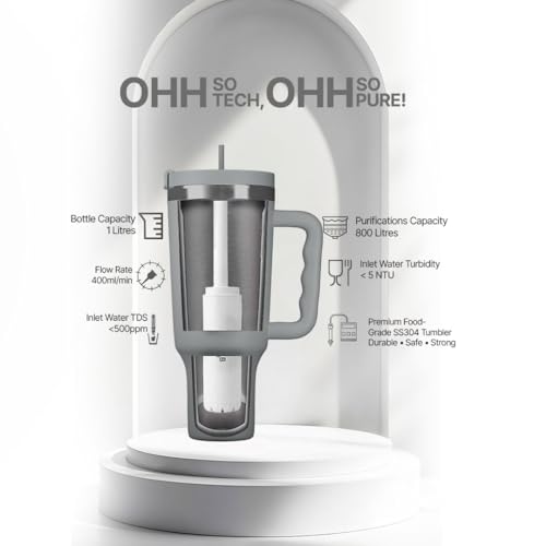 Image of ZeroB H2OHH Tumbler with Purifier (GRAY) | 1 Litre SS304 Tumbler | Removes 99.9% Bacteria & Viruses | Eco-Friendly | Travel, Gym, Office, College | 2 Extra Filter Pads, 2 Straws Included.