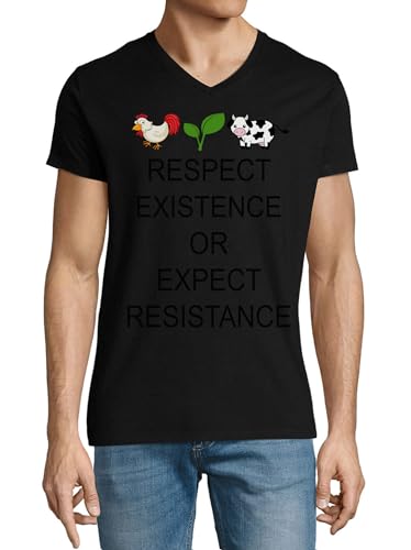 Atspauda Respect existence or Expect Resistance T-shirt col en V en coton pour homme Noir, Noir , M