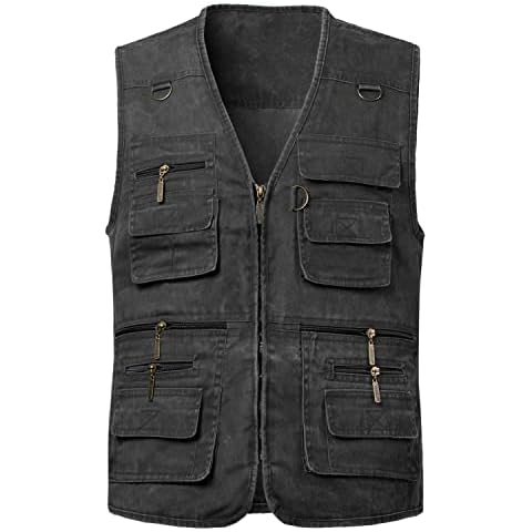 KTWOLEN Mens Gilet Waistcoat Safari Multi Pocket Fishing Hunting Hiking Vest Waistcoat Jacket Breathable Photography Top (L, Charcoal) Cover