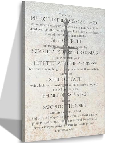 Framed Christian Spiritual Armor Canvas Wall Art Ephesians 6:11 Bible Verse Poster Print Black and White Religious Wall Decor for Church Office Bedroom 12x16in