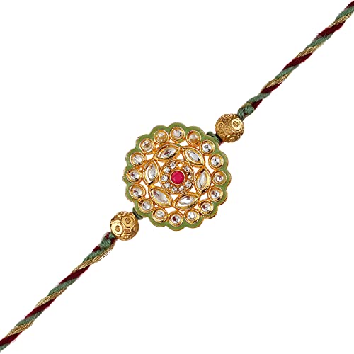 Image of eCraftIndia Green Yellow Red Beautiful Flower Kundan Designer Rakhi for Brother | Raksha Bandhan Rakhi for Bhai Bhaiya