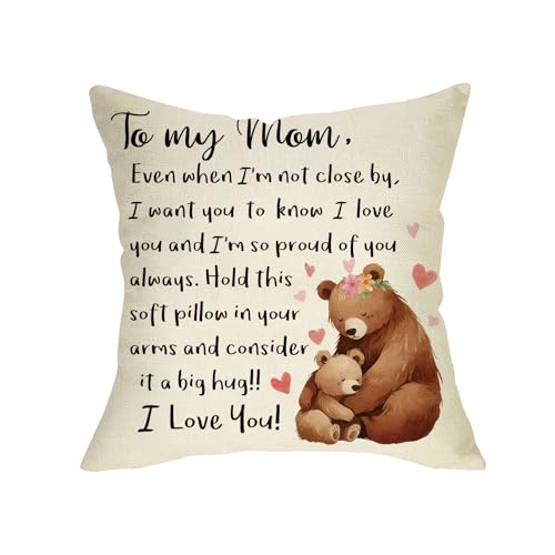Fjfz to My Mom Gifts from Daughter Son Decorative Throw Pillow Cover 18 x 18, Mothers Day Christmas Birthday for Mama Women Lady, Funny Embrace Bear Nursery Sofa Couch Cushion Case Home Decor