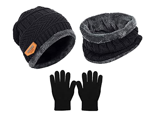 Niños Conjunto de Sombreros y Bufanda Guantes Invierno 3 Piezas Set con Forro Polar Beanie Cálido Gorro de Punto Bebé Elástico para Niños y Niñas 8-12 años, Negro Cover