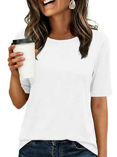 ANRABESS Womens Half Sleeve Tops Crewneck Shirts Basic Fit Tee Trendy 2026 Spring Summer Business Casual T-Shirts White S