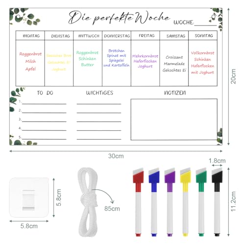 Vicloon Wochenplaner Abwischbar, 30 x 20CM Wochenplaner Acryl, Whiteboard mit 6 Whiteboard-Stift, Abwischbar Familienplaner, Haushaltsplan zum Aufhängen, To Do Liste für Haushalt