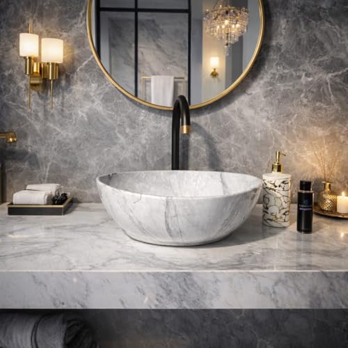 Image of Ceramic Tabletop Wash Basin - Glossy Bowl Shape Countertop Vessel Sink with Marble Finish for Bathroom & Vanity | Compact 16 x 13 x 5 Inch | Elegant Washbasin