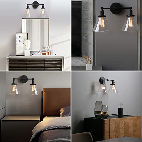 Phansthy 2-Light Industrial Wall Light Black Wall Sconce Light Fixture With Dual 7.3 Inches Cone Clear Glass Canopy(Black) #TOP7