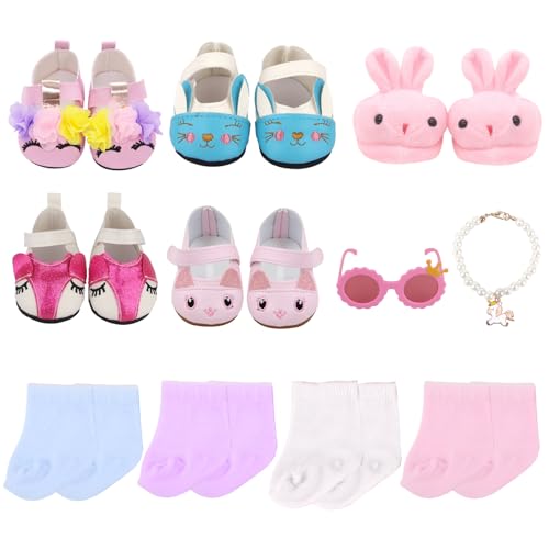 AugFrog 20 Pcs 18 inch Doll Accessories , 5 Pairs of Doll Shoes, 4 Pairs of Doll Socks, 1Pc Doll Sunglasses,1Pc Doll Necklace, Good Gift Holiday Best Gift Present for Girls, Kid