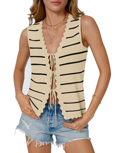 Image of COCCKO Womens Summer Tops Vacation Beach Outfits Cute Tie Front Crochet Vest Knit Sleeveless Sweaters