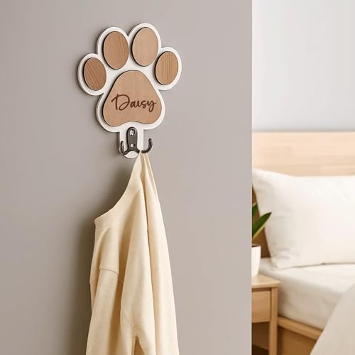 miguha Personalisierter Wandhaken aus Massivholz mit Pfotenabdruck, personalisierter Hundeschlüssel- und Leinenhalter mit Namen, Wandgarderobenhaken aus Holz(White)