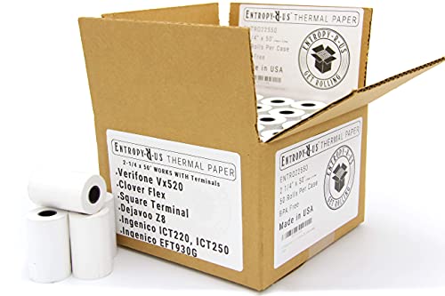Thermal Paper Rolls 2 1 4 x 50 - American Made [50/Pk] CC Receipt Paper BPA Free for POS terminals: Verifone Vx520 | Ingenico Ict220 Ict250 | Clover Flex/Mobile | First Data fd400 | Way System
