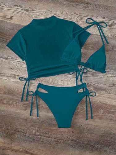 Image of Sexybody Women's 3 Piece Swimsuit Halter String Bikini Tie Side Mesh Short Sleeve Bathing Suits
