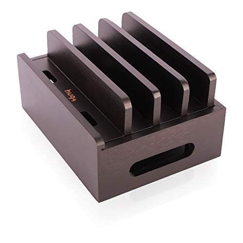 Huga Bamboo Charging Station & Multiple Device Organizer for Cellphone, Smart Watch and Tablet (Black)