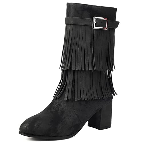 Bottes franges mi-mollet vintage pour femme éliminant l'inconfort grâce au bout rond