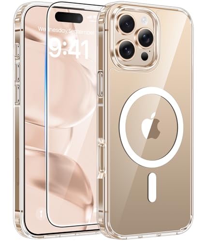 Image of FNTCASE for iPhone 16 Pro Case: [Compatible with Magsafe] [Screen Protector] Anti Yellowing Transparent Clear Magnetic Phone Cover - Military Grade Shockproof Drop Proof Protective Cases - Clear