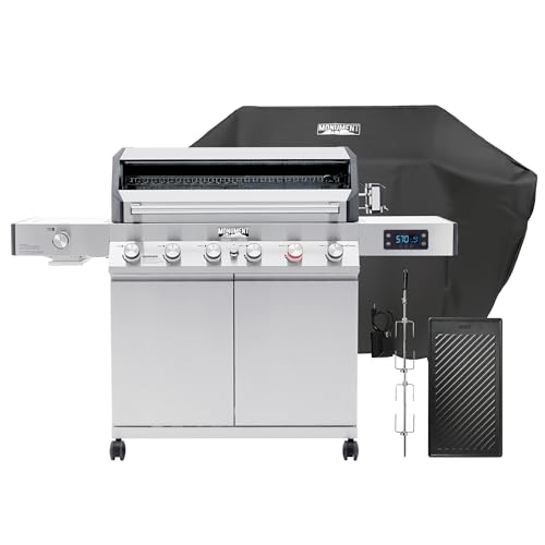 Monument Grills 6+1 Burner Smart Tech Propane Gas Grill, Denali 605Pro Stainless Steel Grill 78,000 BTU Outdoor Garden Barbecue Grill with Side Sear Burner, Cooking Plate, Cover and Rotisserie Kit