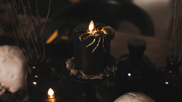 Image of Luminara Spider Flameless LED Candle, Black & Gold 3 inch x 6.5 inch, Moving Flame Pillar, Battery Operated Timer Real Wax Halloween Gothic Home Decor