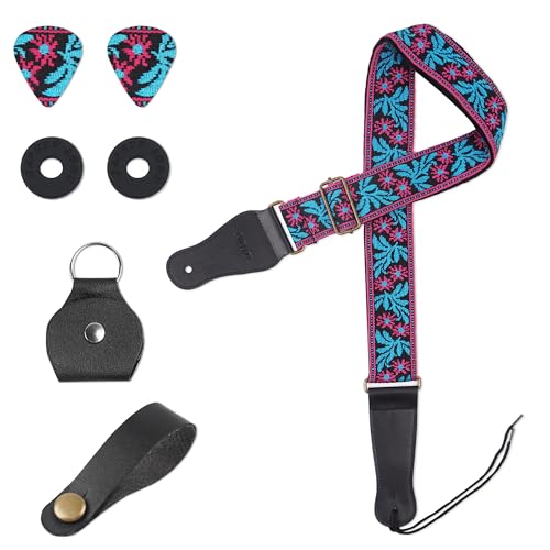 Image of Adjustable Guitar Strap Includes 2 Strap Locks & 2 Matching Picks & 1 Picks Holder & 1 leather Strap Button.
