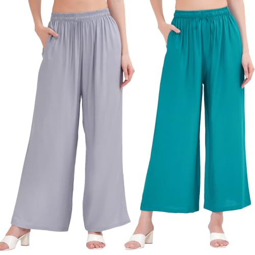 Image of Buy That Trendz Palazzo Pants for Women Rayon Elasticated Regular Fit Flared Wide Leg M to 6XL Pack of 2