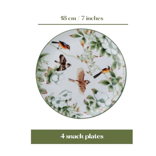 Image of GOLDEN QUEEN'S Snack Plates Set of 4 | Perfect for Snacks, Desserts, Appetizers, Salads, Tapas, Cheese | 7 inches Wide | Microwave Safe (Birds & Green Floral)
