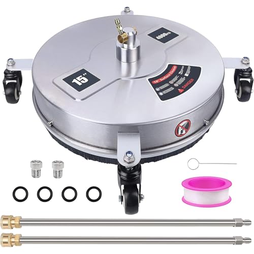 HoldOneLight 15" 4-Wheel Pressure Washer Surface Cleaner – 4000 PSI Stainless Steel Attachment with 1/4" Quick Connect, 2 Extension Wands & 2 Replacement Nozzles