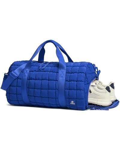 Quilted Duffel Travel Bag for Women, Puffer Gym Duffle Bag with Shoe Compartment Lightweight Large Crossbody Sport Bag Tote Blue