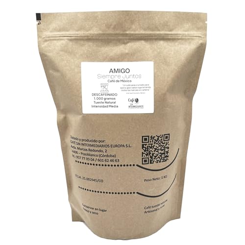 CAFE SIN INTERMEDIARIOS - Amigo - Café Descafeinado para Cafetera Expresso 1Kg - Tostado Semanal - Envasado y molinado al envío - Intensidad de sabor suave - Ideal para Café Con leche/Solo