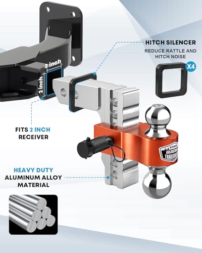 Image of Kohree Adjustable Trailer Hitch Fit 2 Inch Receiver, Dual Solid Ball 2 inch and 2-5 /16 inch(12,500 LBS GTW), 6 inch Drop & Rise Heavy Duty Aluminum Tow Hitch with 4 Silencer Pads & 2 Locking Hitch Pin, Orange