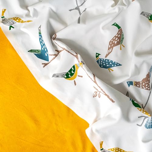 Image of Tranquebar Curtain Co. Window Curtains 5 Feet, 60-65% Room Darkening, Multicolor (Blue, Yellow) Bird Print, Cotton Curtains for Window, BackTab Loops, Design Shiri Yellow Combo (152 cm) - Set of 3