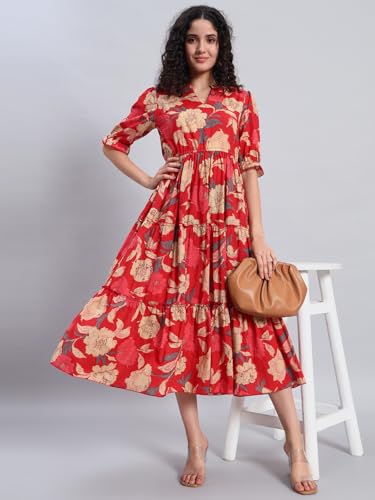 Image of PIDAVLIYA'S Women's Floral Summer Maxi Dress I Cotton Printed I One Piece Bodycon Midi Dress with V-Neck, Puffed Sleeves