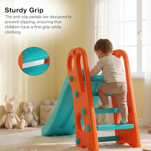 Image of Baybee Garden Baby Slide for Kids with Basketball Hoop | Perfect Mini Playground Sliding for Babies with Handrails | Baby Play Area Indoor Setup | Outdoor Slider for Kids 2 to 5 Years (Orange /Blue)