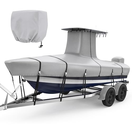 Fonzier T-Top Boat Cover with Motor Cover, 1400D Heavy Duty Waterproof Tear-Resistant Upper Reinforced, Fit 22'-24' Center Console Boat with T-TOP Roof, Beam Width up to 106', Gray