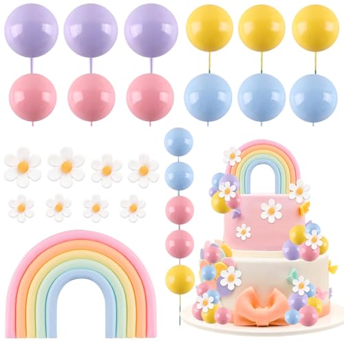 CHarmeFleur Regenbogen Kuchen Topper 26 Piezas Bolas de Macarrones Decoración de Pastel con Flores Motivo Hippie Margaritas Adornos para Pastel Bolas Coloridas Decoración