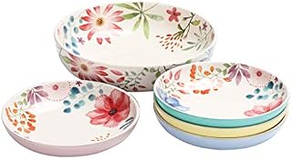 Bico Flower Carnival Ceramic Pasta Bowl, Set of 5(1 Unit 6330ml, 4 Units 1035ml), for Pasta, Salad, Microwave & Dishwasher Safe