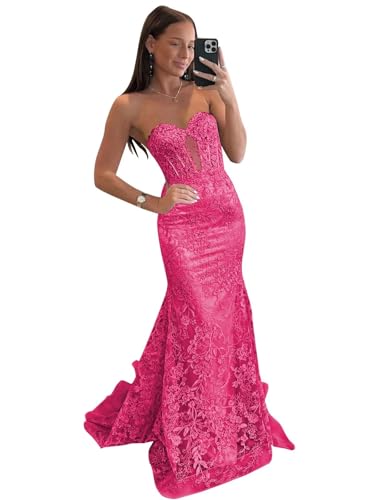VCCICANY Strapless Mermaid Prom Dresses for Women 2025 Lace Appliques Tulle Corset Long Formal Evening Party Gowns