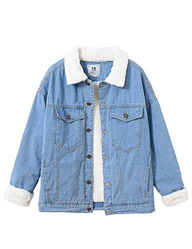 Snoly Jaqueta jeans feminina forrada com botões de lã de ovelha, Azul-claro, M