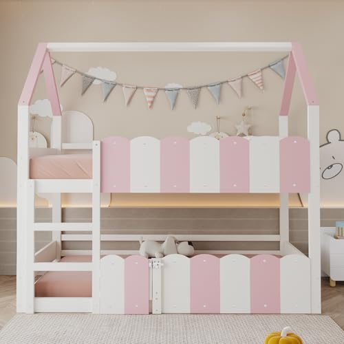 VSOGA Lit superposé pour enfant 90 x 200 cm, design en forme de maison avec rails de sécurité surélevés. Le lit supérieur dispose d'un sommier à lattes. Convient...