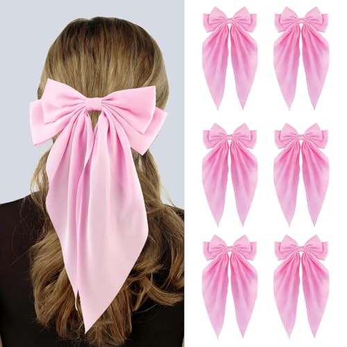 Silky Satin Hair Bows, Oversized Long Tail Bows with Barrette Clips, Coquette Hair Accessories for Women and Girls (Pink 6pk)