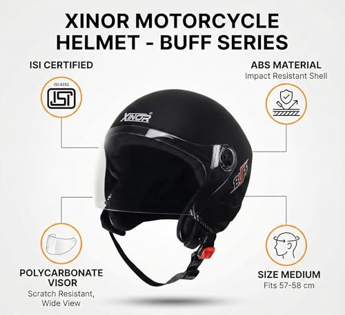 Image of Buff Open Face Motorcycle Helmet for Men & Women | ISI Certified is 4151 | Lightweight Helmet with Clear Visor & Adjustable Strap | Medium