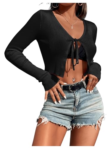 SOLY HUX Women's Tie Front Cardigan Ribbed Knit Long Sleeve Crop Tops V Neck Shirts Knitwear