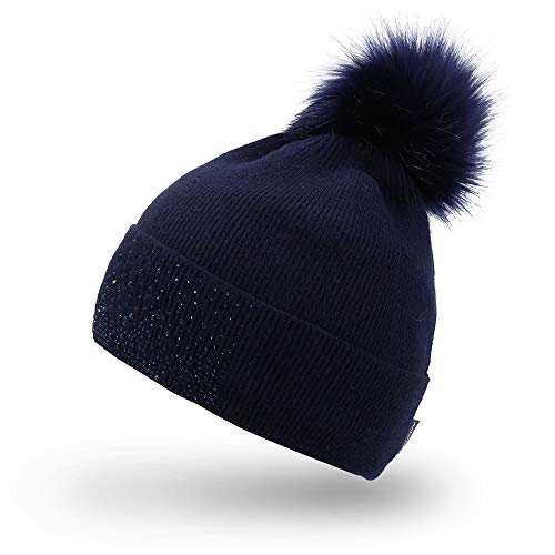 AnJuHoPa Warme Wollmütze gestrickt Mütze hautfreundlich Stirnband bequemer Halswärmer elegant farblich passend Kristallverzierung einteilig oder EIN Set für edle Damen geeignet dunkle Marine Cover