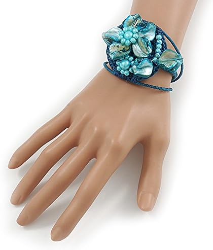 Avalaya Light Blue Shell Bead Flower Wired Flex Bracelet - Adjustable, teal, light blue - Image 3